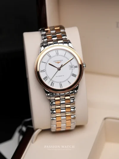 Longines Flagship L4.874.3.91.7 mạ demi vàng hồng, mặt số màu trắng , cọc số La Mã cổ điển.