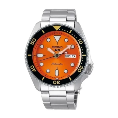 Seiko 5 Sports SRPD59K1, đồng hồ thể thao với mặt số cam nổi bật, kim và cọc số dạ quang, cùng dây thép không gỉ bền bỉ, lý tưởng cho phong cách năng động.