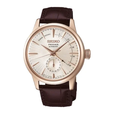 Seiko Presage SARY132 (SSA346J1) – Đồng hồ nội địa Nhật với mặt số Sunburst độc đáo, vỏ thép mạ vàng hồng, kết hợp dây da sang trọng, thể hiện đẳng cấp quý ông.