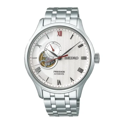 Seiko Presage SARY203 (SSA443J1) – Đồng hồ cơ lộ máy với mặt số trắng họa tiết sang trọng, bộ máy bền bỉ, kính sapphire kép cong và thiết kế đẳng cấp từ bộ sưu tập Zen Garden.