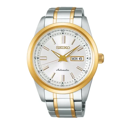 Seiko SARV004 – Đồng hồ cơ thanh lịch với mặt số trắng trang nhã, kim vàng tinh tế, vỏ demi vàng-trắng sang trọng, bộ máy Automatic bền bỉ, phù hợp với phong cách doanh nhân.