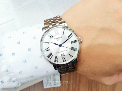 Đồng hồ Tissot Carson Powermatic 80 T122.407.11.033.00, mặt số trắng, cọc số La Mã, bộ máy tự động 80 giờ, kích thước 40mm.