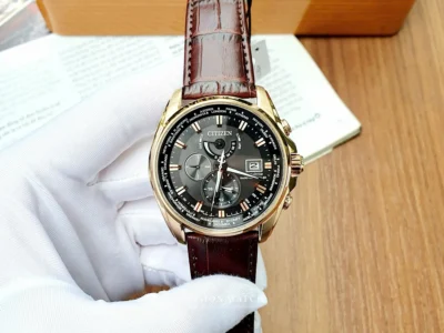 citizen eco drive at9123 13e 12 Citizen Eco-Drive AT9123-13E mặt số đen, vỏ vàng hồng, dây da nâu – Sang trọng và tinh tế