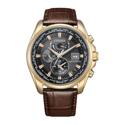 Citizen Eco-Drive AT9123-13E mặt số đen, vỏ vàng hồng, dây da nâu – Sang trọng và tinh tế