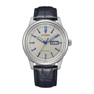 Citizen NH8400-10A với thiết kế tinh tế, mặt số trắng, cọc số xanh dương, dây da đen, phù hợp cho quý ông yêu thích phong cách cổ điển và thanh lịch