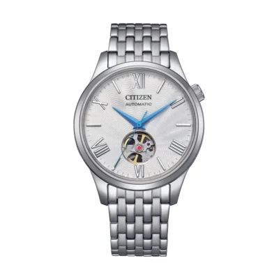 Citizen Open Heart NH9130-84A nam automatic, mặt số trắng họa tiết Guilloche, thiết kế lộ tim sang trọng, vỏ và dây thép không gỉ, kính Sapphire cao cấp, size 40mm.