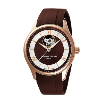 Frederique Constant FC-310MBRW5B4 nhìn trực diện, mặt số hai tông màu trắng – nâu với ô lộ cơ tại vị trí 12h, kim và cọc số mạ vàng hồng nổi bật trên nền dial sang trọng.