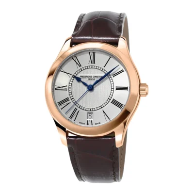 Frederique Constant FC-303WRB3B24 với mặt số màu trắng, cọc số La Mã, ô lịch tại góc 6 giờ, kim chỉ màu xanh dương nổi bật, vỏ vàng hồng sang trọng và dây da vân cá sấu cao cấp.