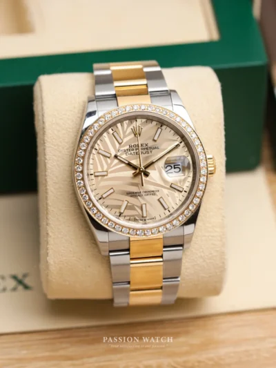 Rolex Datejust 36 126283 Mặt Số Lá Cọ Vàng Vành Kim Cương Custom