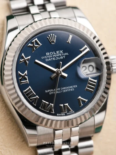 rolex lady datejust 31 178274 mat so xanh duong coc so la ma 7 Cận cảnh mặt số màu xanh dương của Rolex Lady-Datejust 31 178274