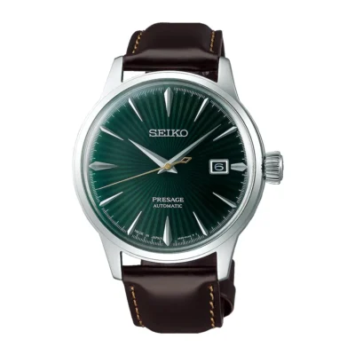 Seiko Presage Cocktail SRPD37J1 – Đồng hồ cơ thanh lịch với mặt số xanh lá vân Sunburst cuốn hút, kim giây mạ vàng nổi bật, bộ máy Automatic 4R35B bền bỉ, phù hợp với những quý ông yêu thích sự khác biệt.