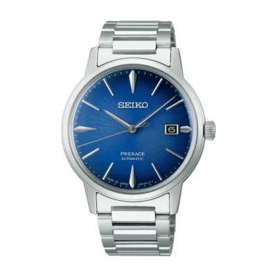 Seiko Presage Cocktail SRPJ13J1 – Đồng hồ tự động Nhật Bản với mặt số vân sọc 3D tinh xảo, bộ kim lá lúa và dây da cao cấp, thể hiện phong cách thời trang cổ điển.