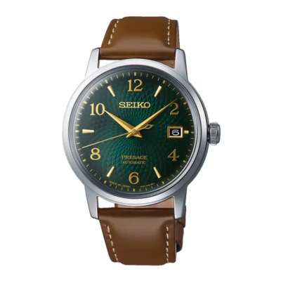 Seiko Presage Cocktail Time Nigroni SRPE45J1 – Đồng hồ tự động Nhật Bản với mặt số xanh lá chải tia, bộ kim mạ vàng sắc nét, dây da cao cấp, tạo nên phong cách lịch lãm cho quý ông.