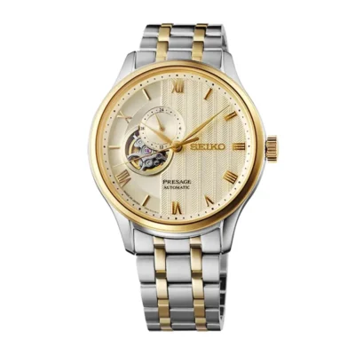 Seiko Presage SARY238 (SSA464J1), đồng hồ tự động Nhật Bản với mặt số vàng gold, dây demi sang trọng và thiết kế lộ tim tinh tế, là lựa chọn lý tưởng cho người yêu thích đồng hồ cổ điển và đẳng cấp.