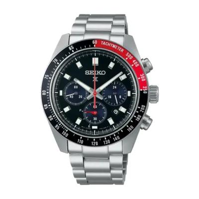 Seiko Prospex Speedtimer SSC915P1 với mặt số đen và vành bezel đen phối đỏ, thiết kế thể thao mạnh mẽ, hiện đại