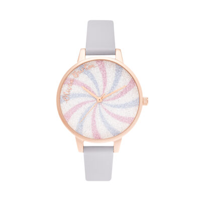 Đồng Hồ Nữ Olivia Burton OB16CD03 mặt số họa tiết xoáy ánh nhũ, vỏ màu vàng hồng, dây da màu xám - Passion Watch