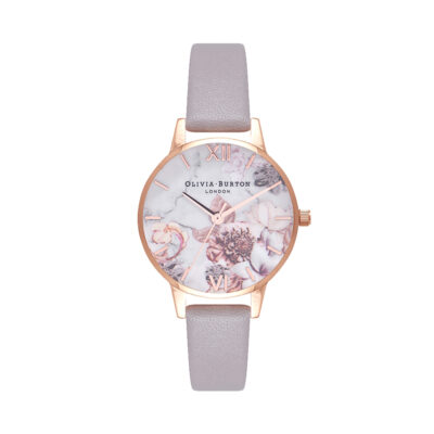 Đồng Hồ Nữ Olivia Burton OB16CS14 mặt số họa tiết hoa, Dây da màu xám, vỏ thép không gỉ mạ vàng hồng - Passion Watch